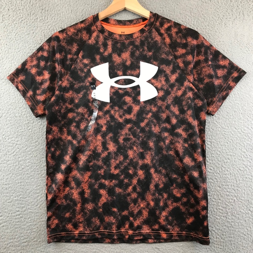 New Under Armour Boys UA Velocity Printed SS‎ T Shirt Black Orange YLG